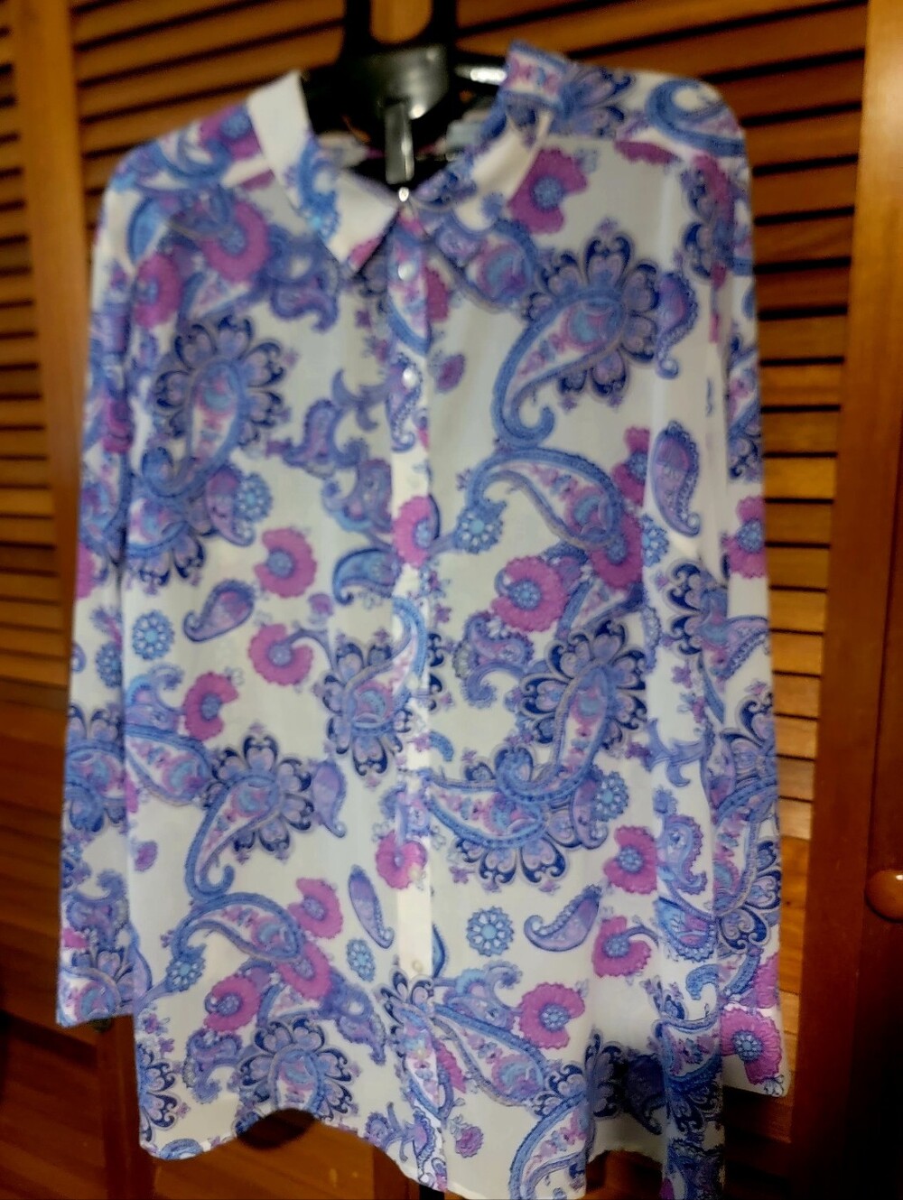 Roaman's White Paisley Button-Down Blouse with Blue & Purple Print